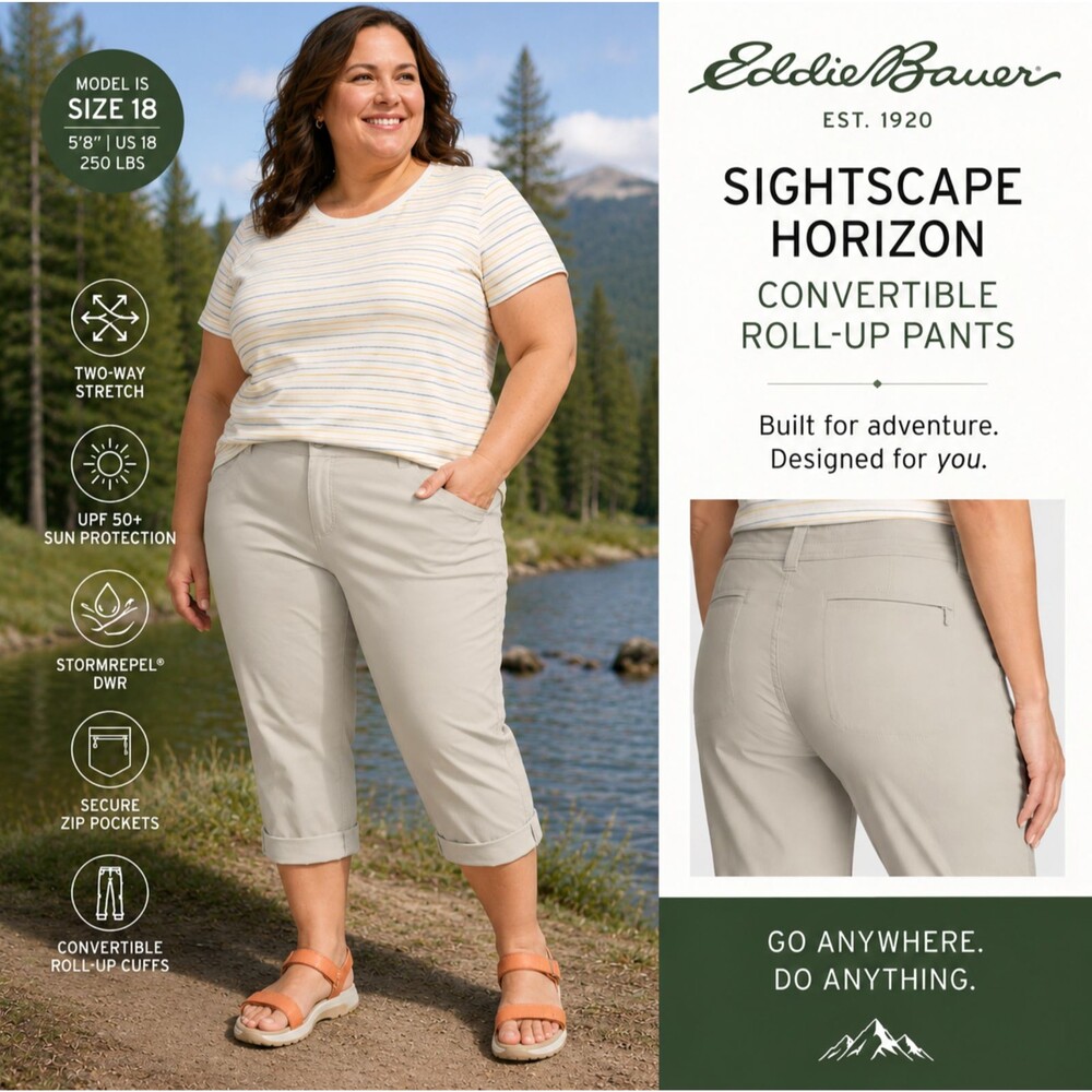 Eddie Bauer Convertible Pants 18W Roll Up Sightscape Horizon Beige Hiking Travel